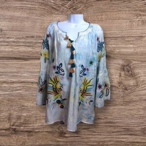 John Mark, blue tie-dye embroidered tunic. Large.